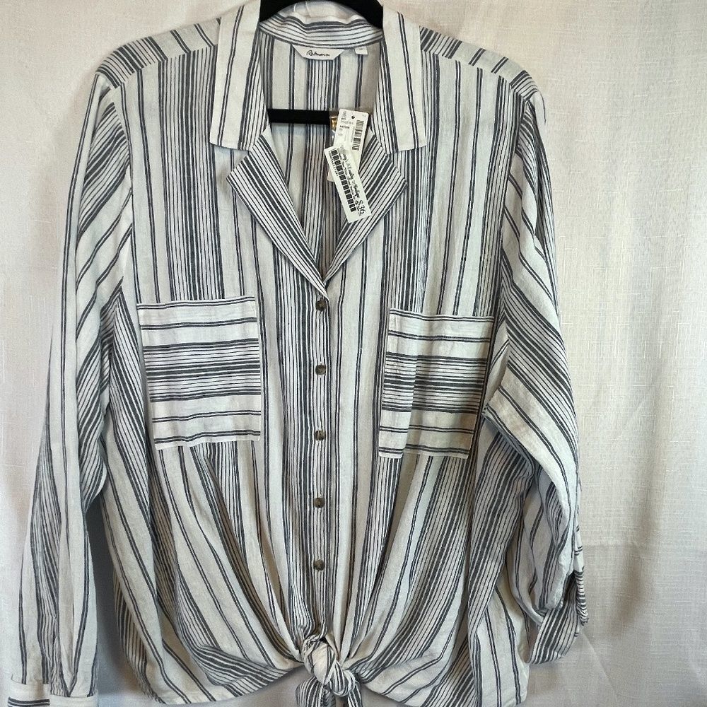Reitmans Womens Blue and White Striped Linen Blend Button Up Top Size 2X